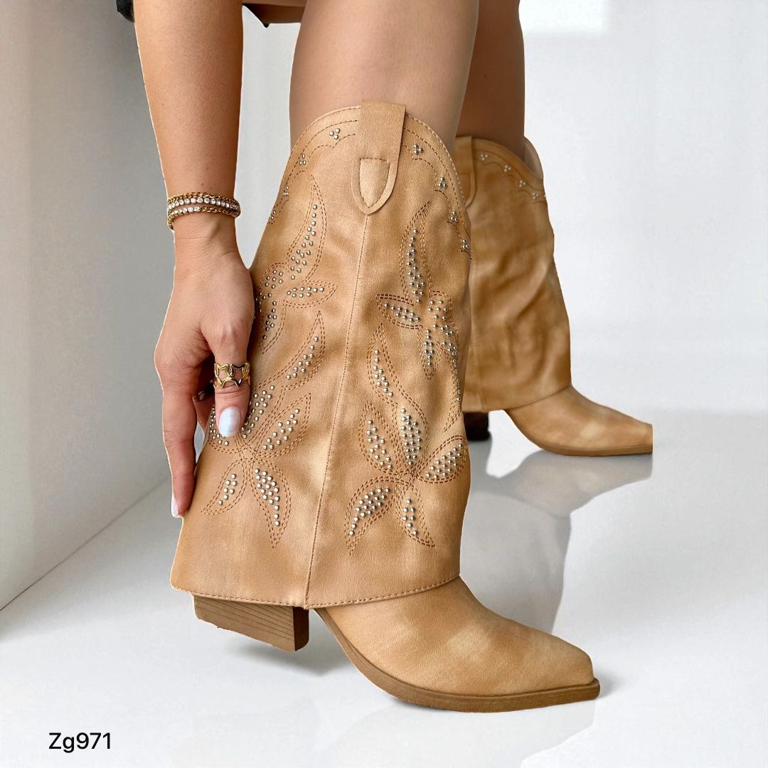 Bota texana café doblez apliques plateado tacon 7cm HJ5101 C-42